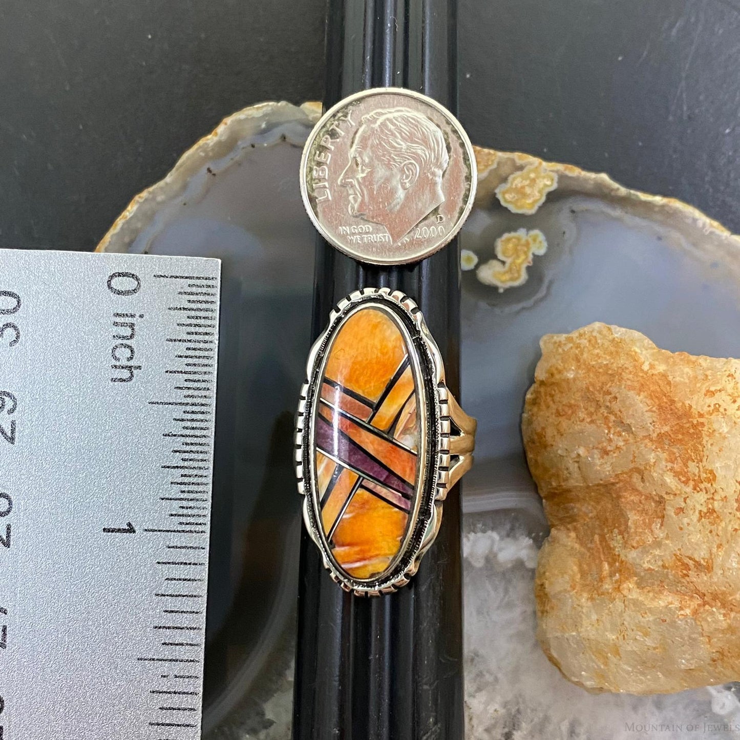 Native American Sterling Elongated Oval Multi Spiny Oyster Inlay Ring Size 6 - Mountain Of Jewels