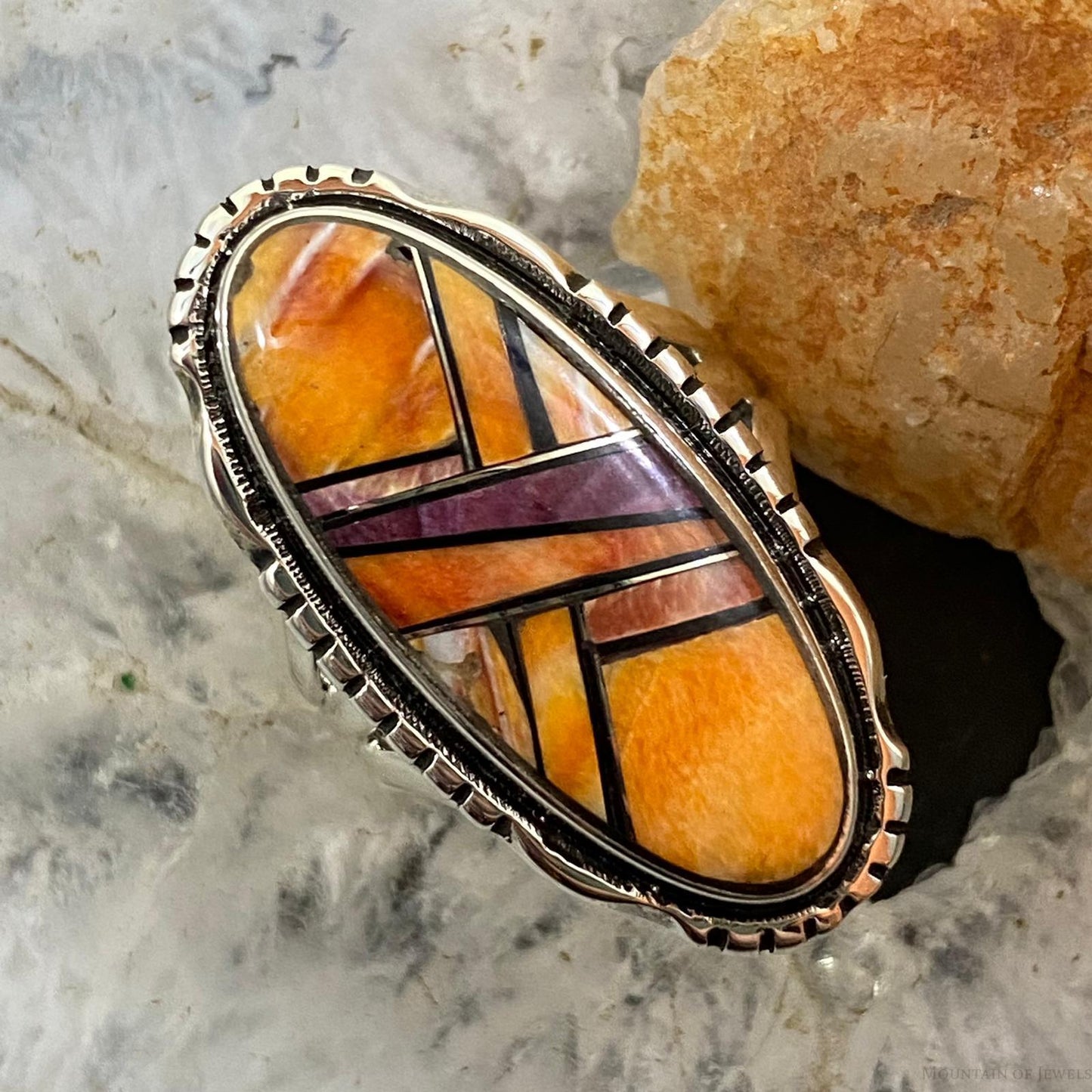 Native American Sterling Elongated Oval Multi Spiny Oyster Inlay Ring Size 6 - Mountain Of Jewels