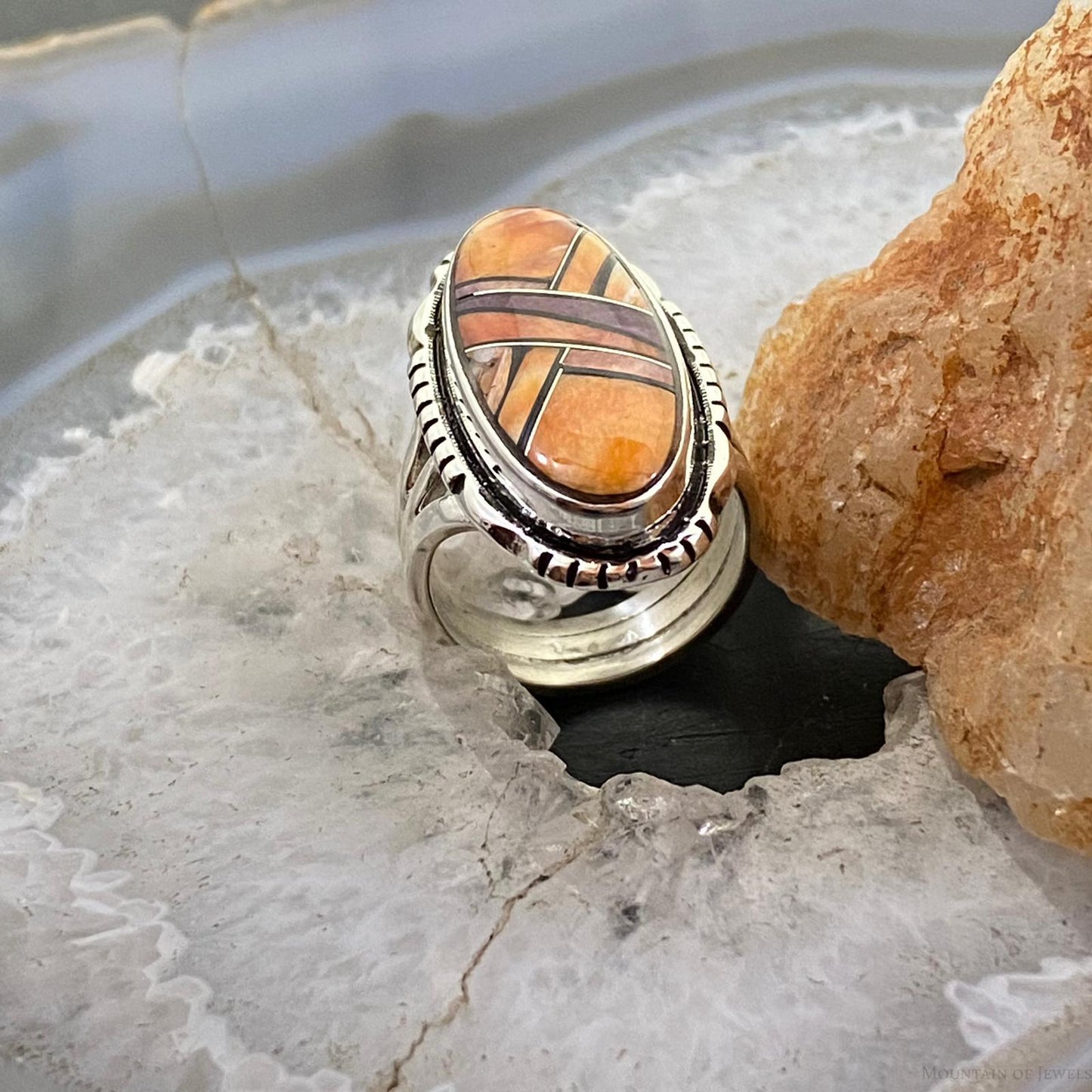 Native American Sterling Elongated Oval Multi Spiny Oyster Inlay Ring Size 6 - Mountain Of Jewels