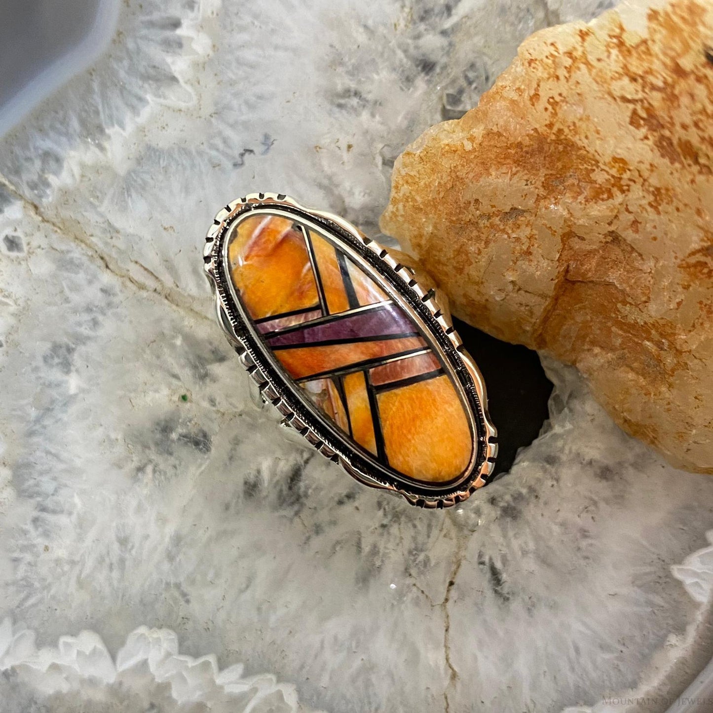 Native American Sterling Elongated Oval Multi Spiny Oyster Inlay Ring Size 6 - Mountain Of Jewels