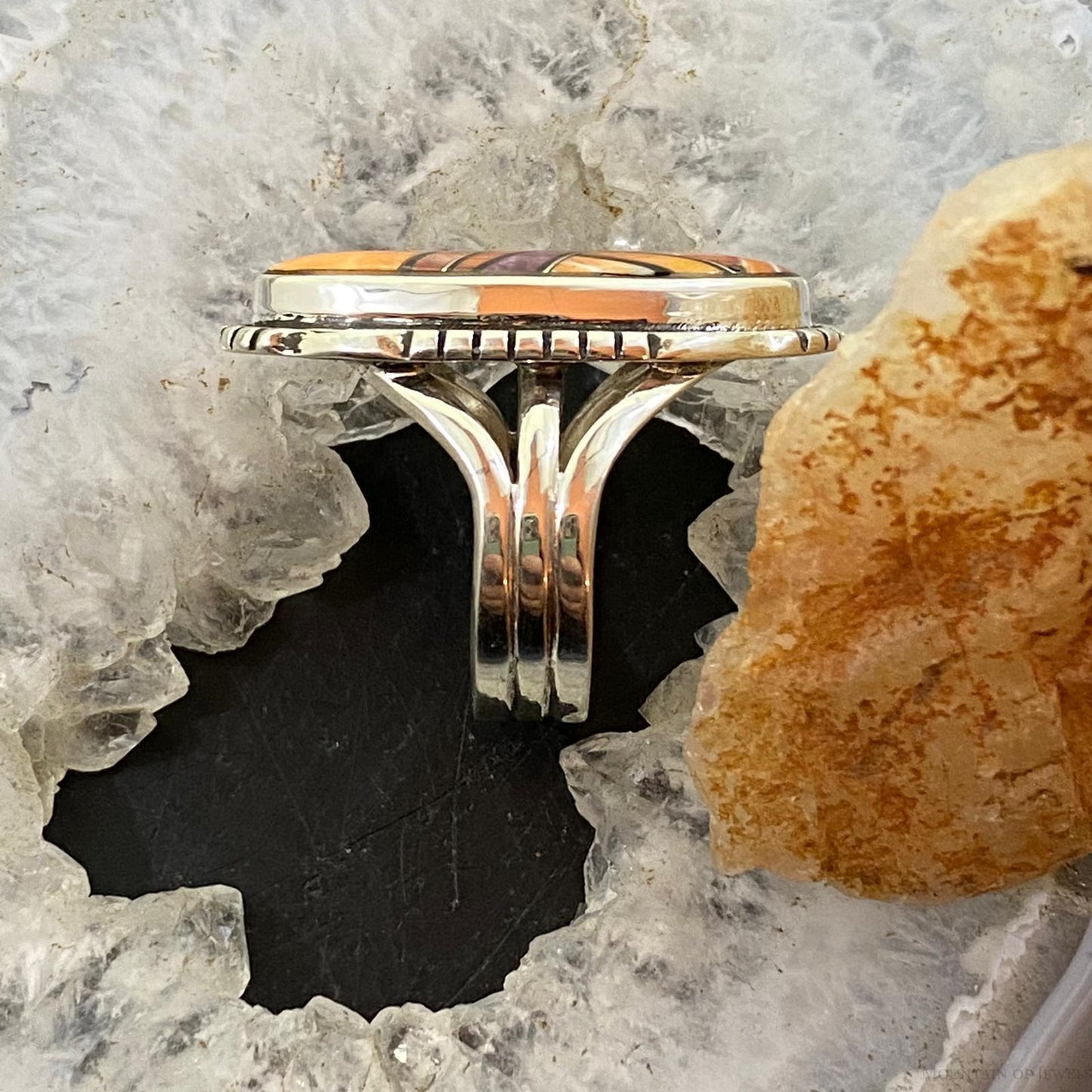 Native American Sterling Elongated Oval Multi Spiny Oyster Inlay Ring Size 6 - Mountain Of Jewels