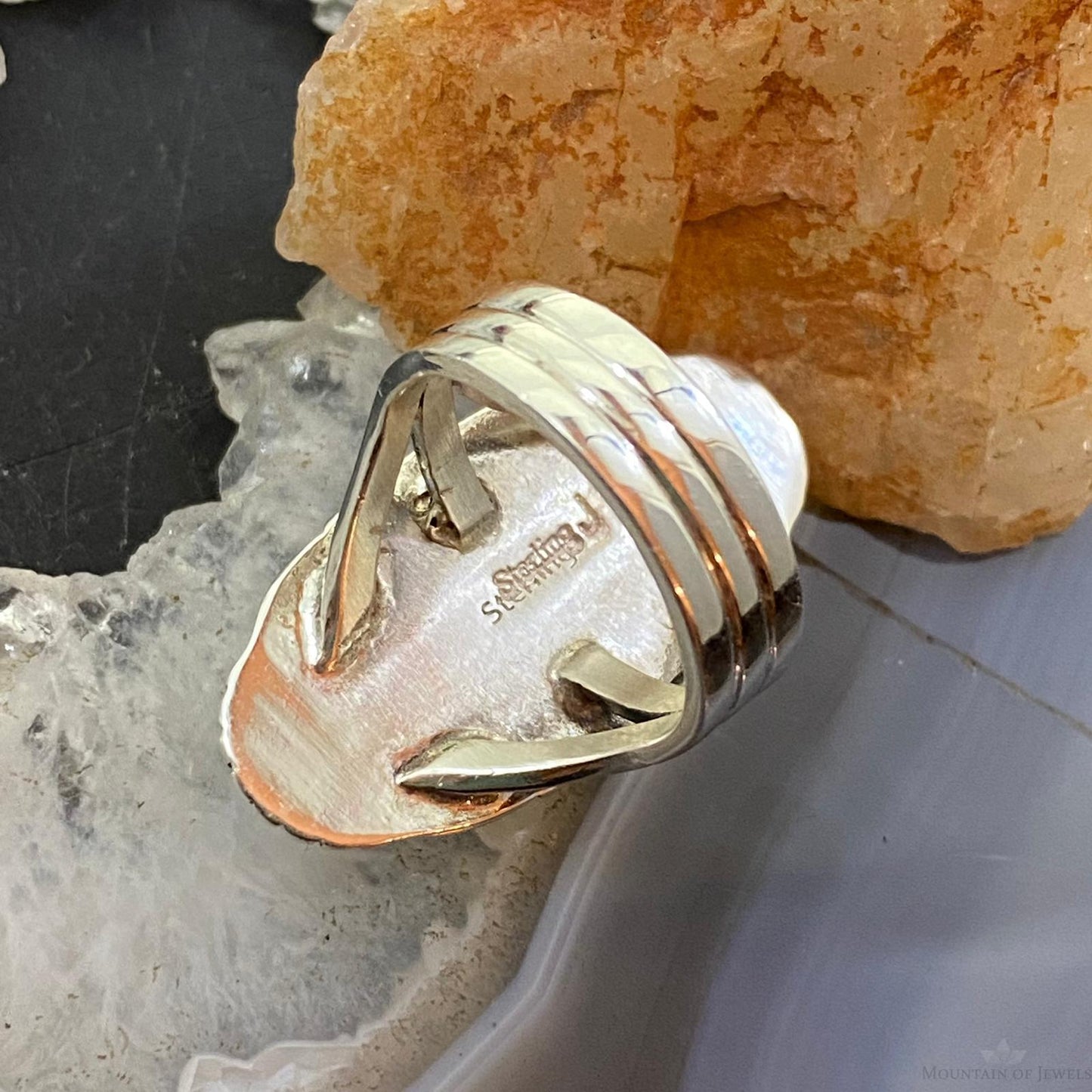Native American Sterling Elongated Oval Multi Spiny Oyster Inlay Ring Size 6 - Mountain Of Jewels