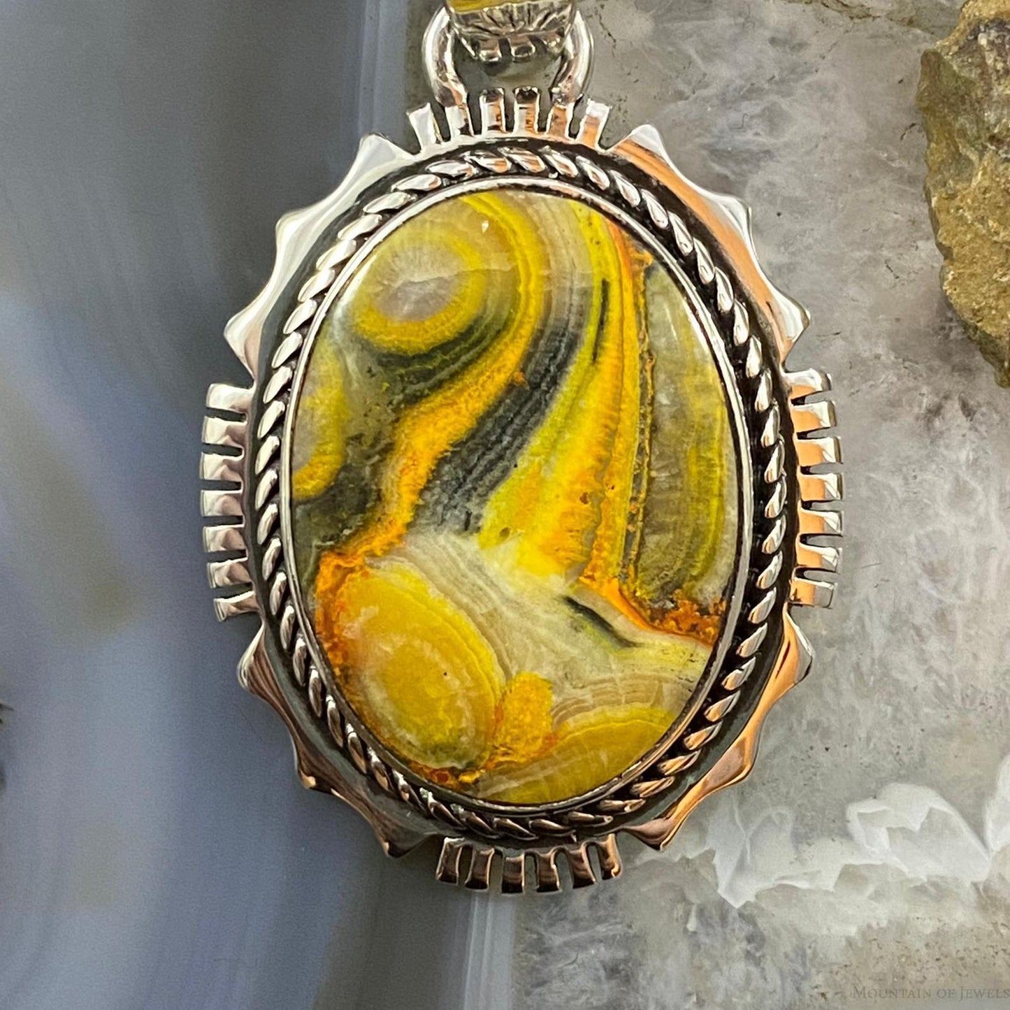 Native American Sterling Oval Bumblebee Jasper Decorated Pendant For Women - Mountain Of Jewels