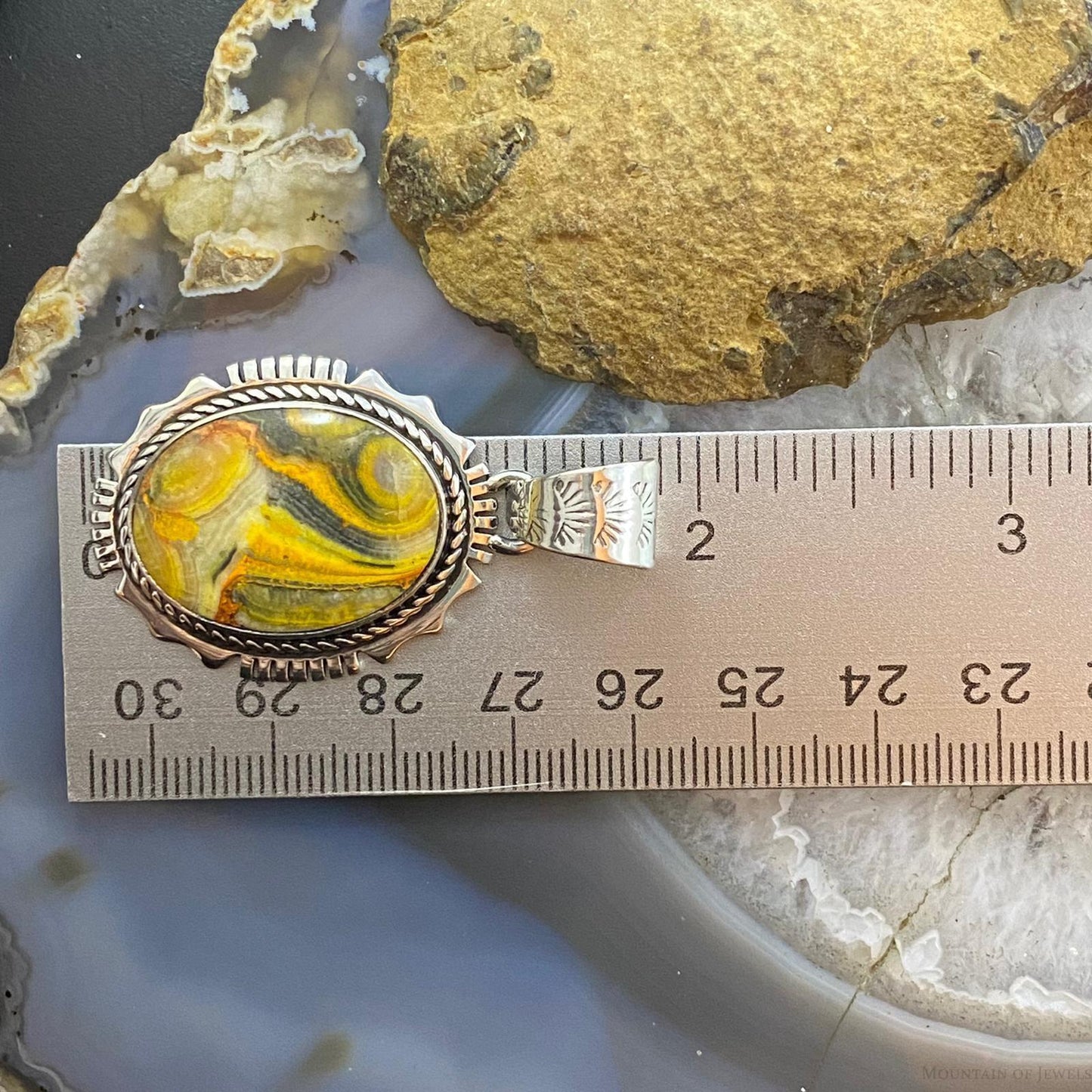 Native American Sterling Oval Bumblebee Jasper Decorated Pendant For Women - Mountain Of Jewels