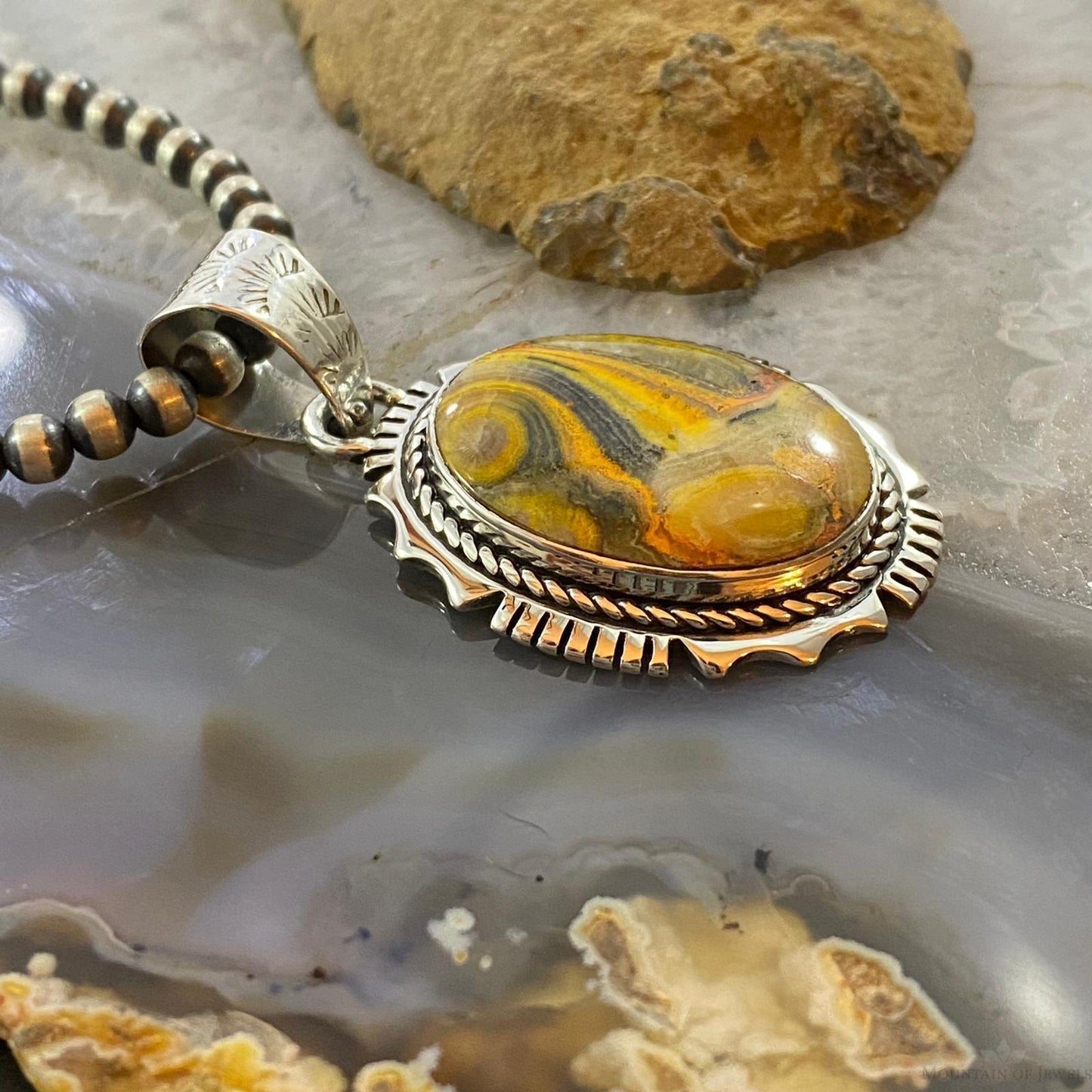 Native American Sterling Oval Bumblebee Jasper Decorated Pendant For Women - Mountain Of Jewels
