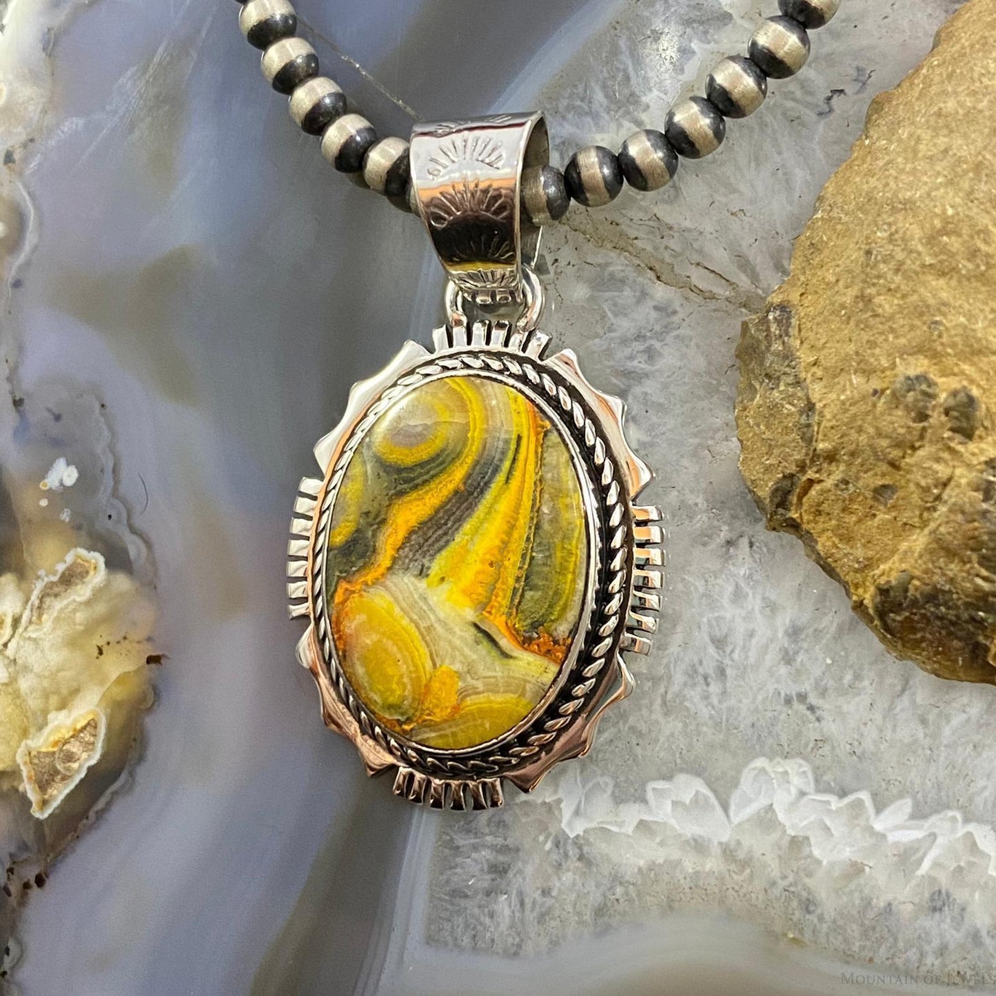 Native American Sterling Oval Bumblebee Jasper Decorated Pendant For Women - Mountain Of Jewels