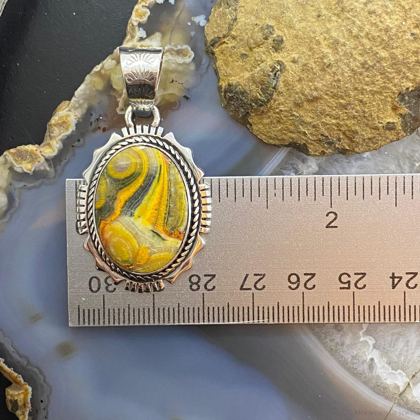 Native American Sterling Oval Bumblebee Jasper Decorated Pendant For Women - Mountain Of Jewels