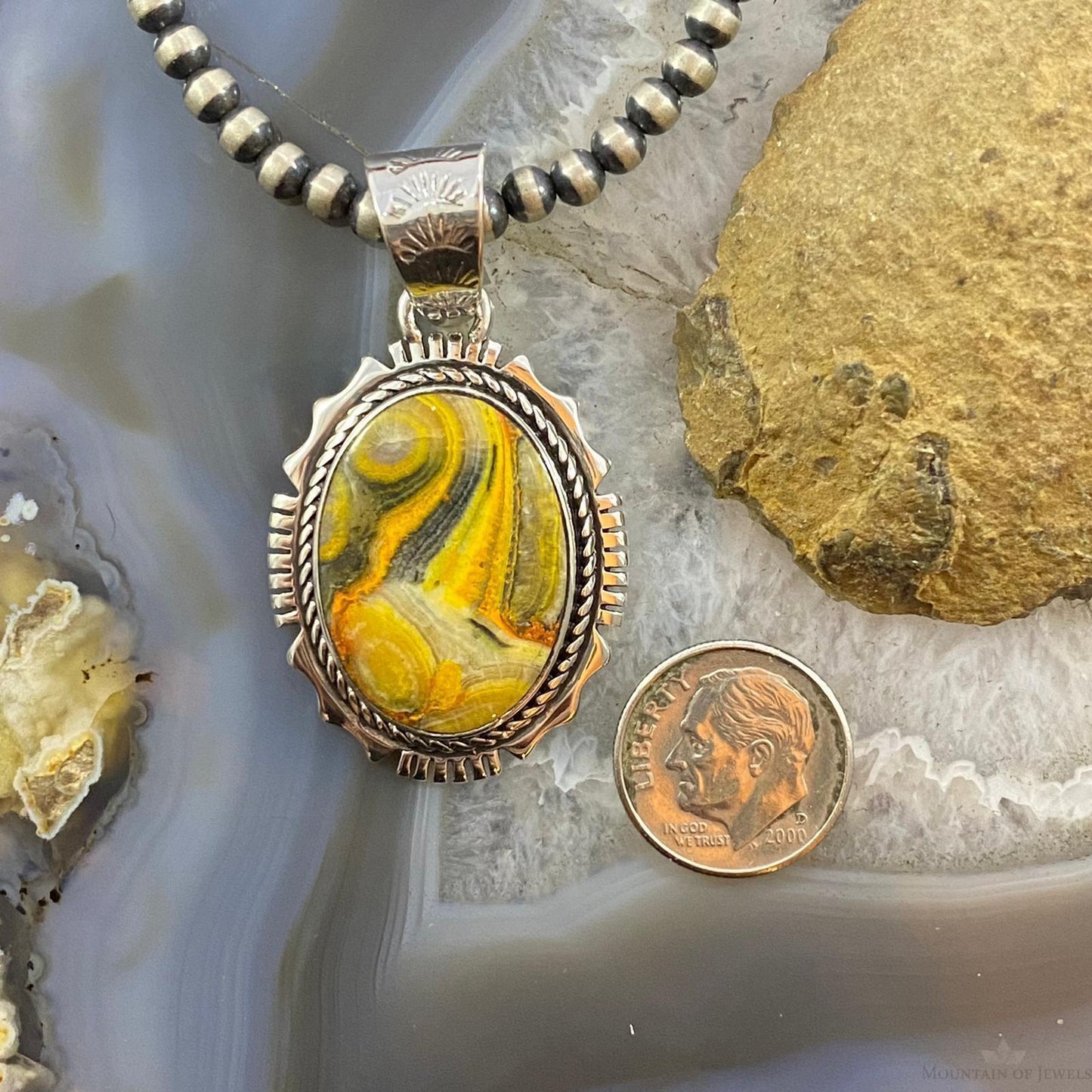 Native American Sterling Oval Bumblebee Jasper Decorated Pendant For Women - Mountain Of Jewels