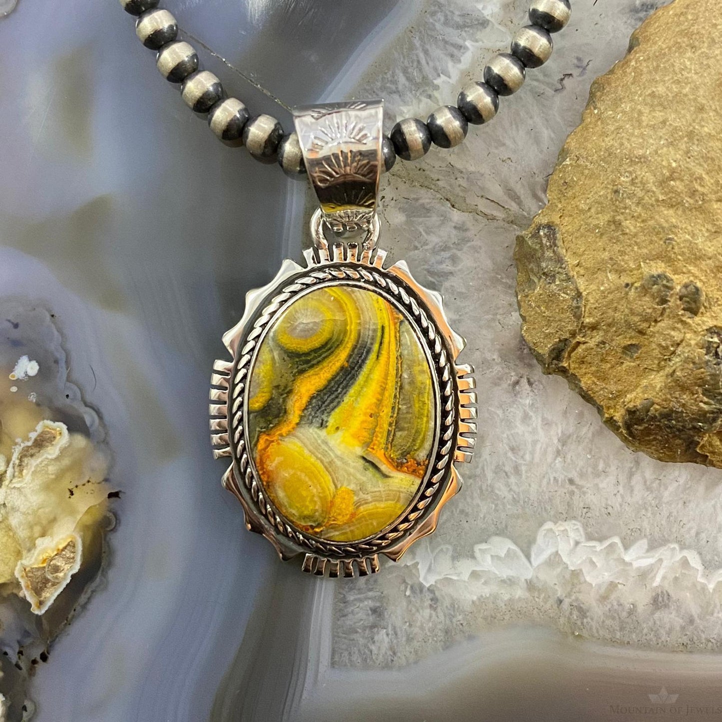 Native American Sterling Oval Bumblebee Jasper Decorated Pendant For Women - Mountain Of Jewels