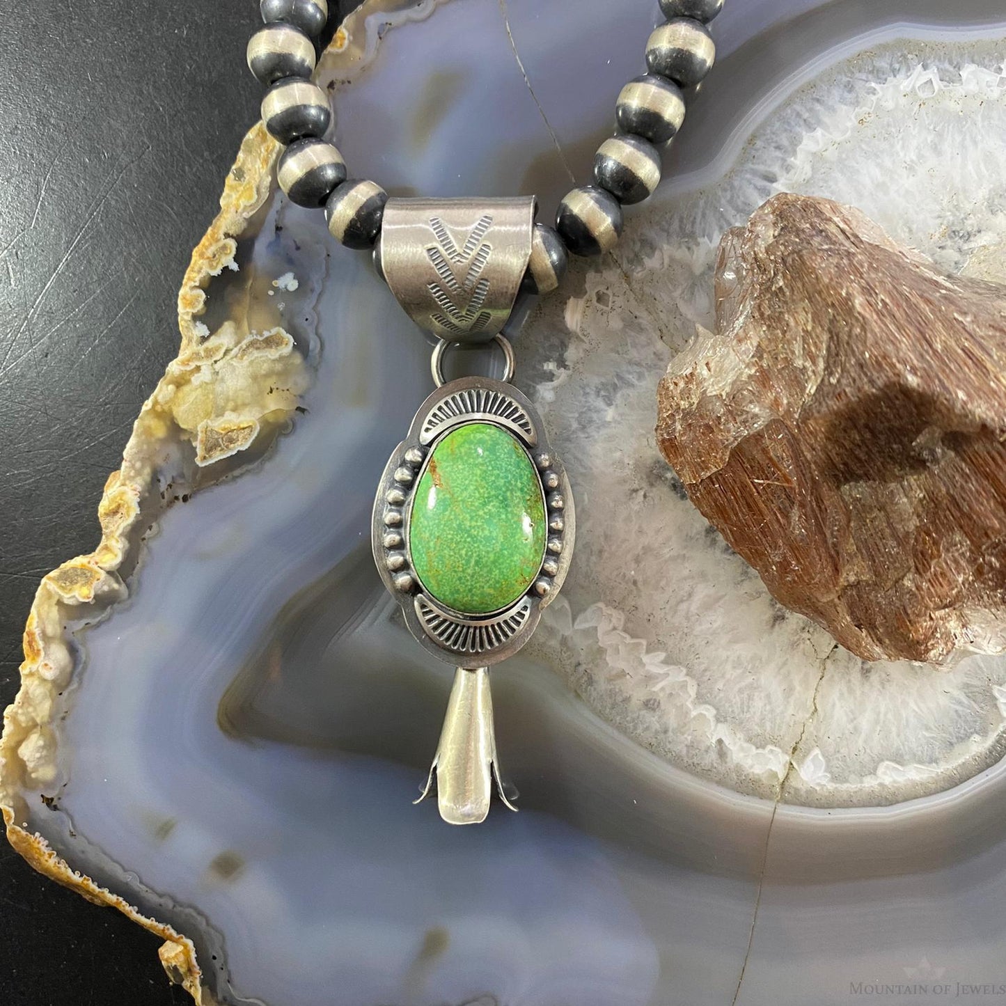 Native American Sterling Silver Green Turquoise Single Squash Blossom Pendant - Mountain of Jewels