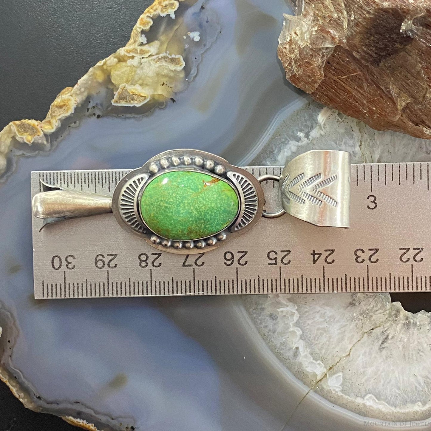 Native American Sterling Silver Green Turquoise Single Squash Blossom Pendant - Mountain of Jewels