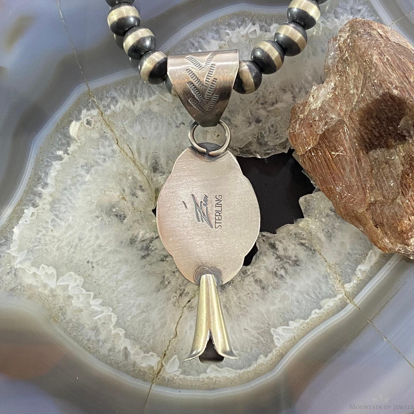 Native American Sterling Silver Green Turquoise Single Squash Blossom Pendant - Mountain of Jewels