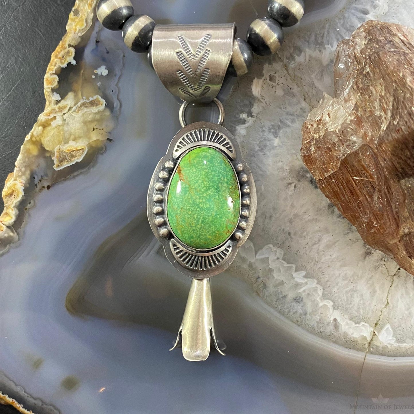 Native American Sterling Silver Green Turquoise Single Squash Blossom Pendant - Mountain of Jewels