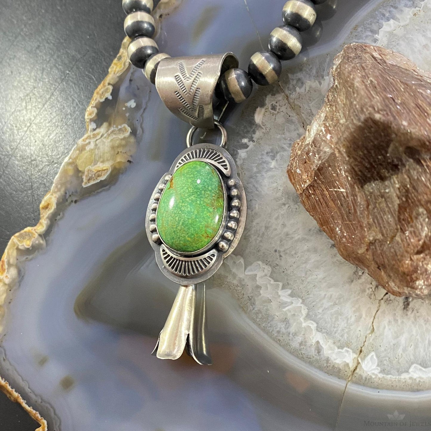 Native American Sterling Silver Green Turquoise Single Squash Blossom Pendant - Mountain of Jewels