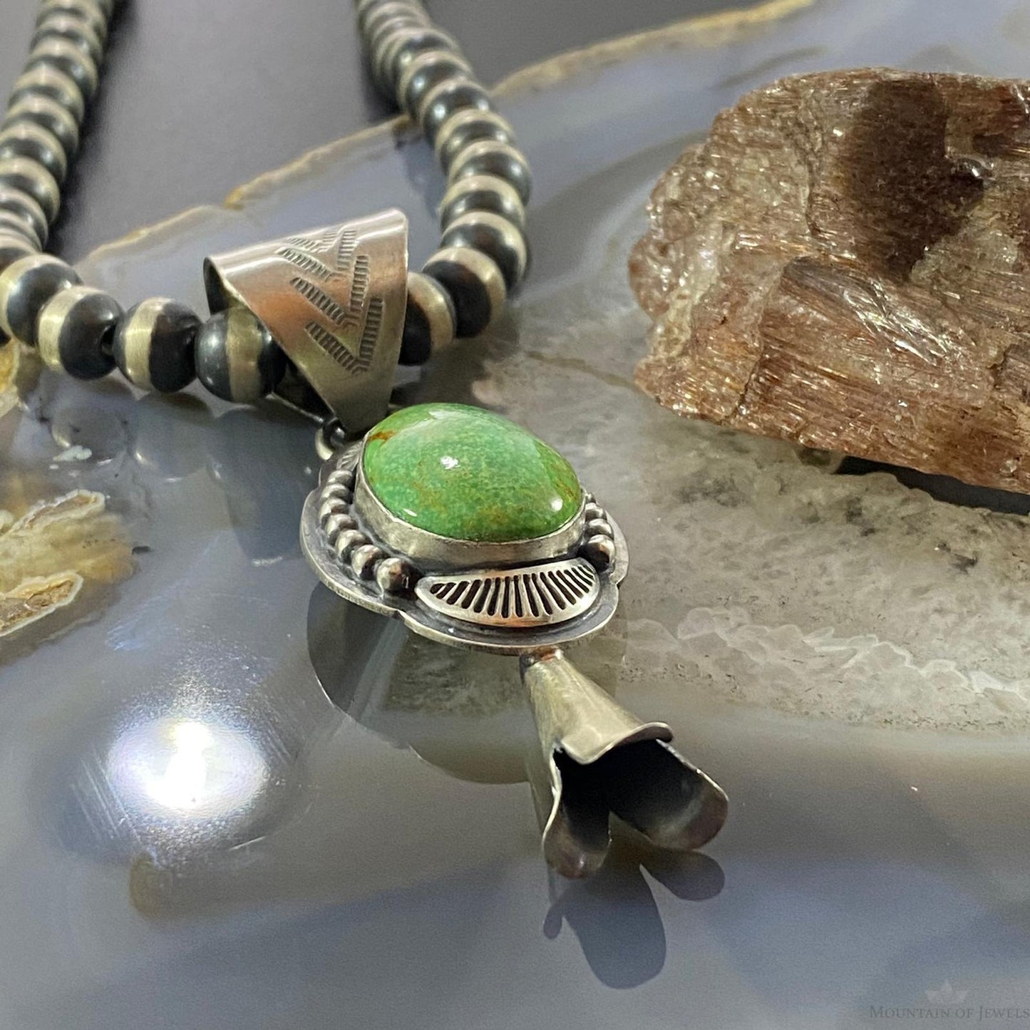 Native American Sterling Silver Green Turquoise Single Squash Blossom Pendant - Mountain of Jewels