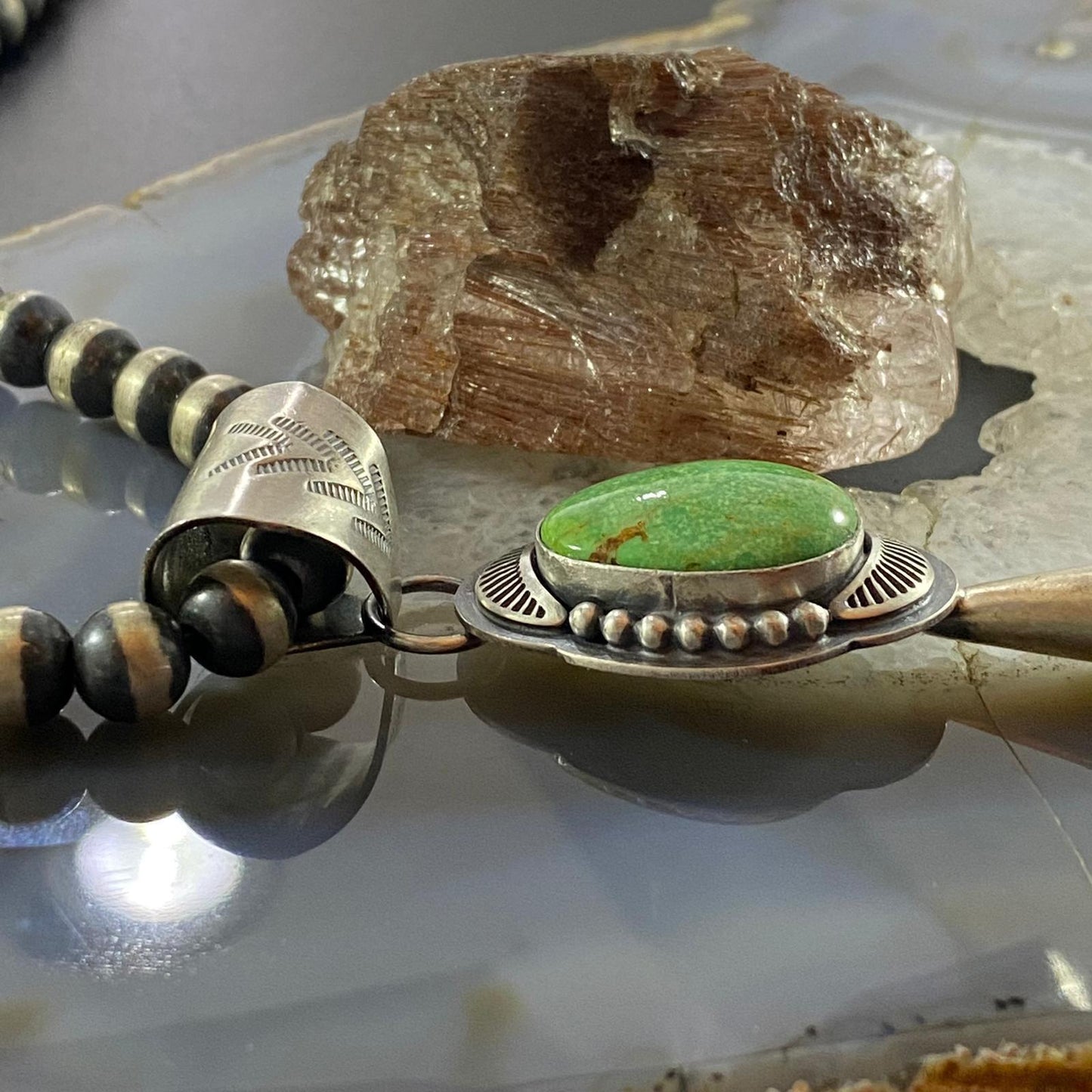 Native American Sterling Silver Green Turquoise Single Squash Blossom Pendant - Mountain of Jewels