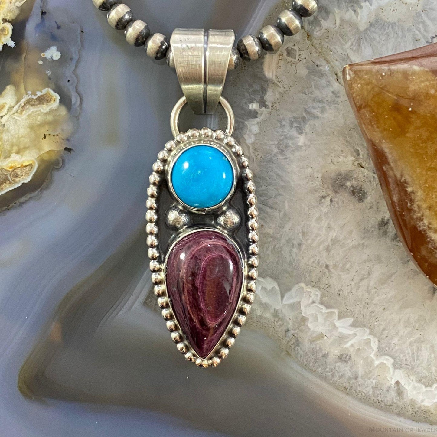 Native American Sterling Sleeping Beauty Turquoise/Purple Spiny Oyster Pendant - Mountain of Jewels