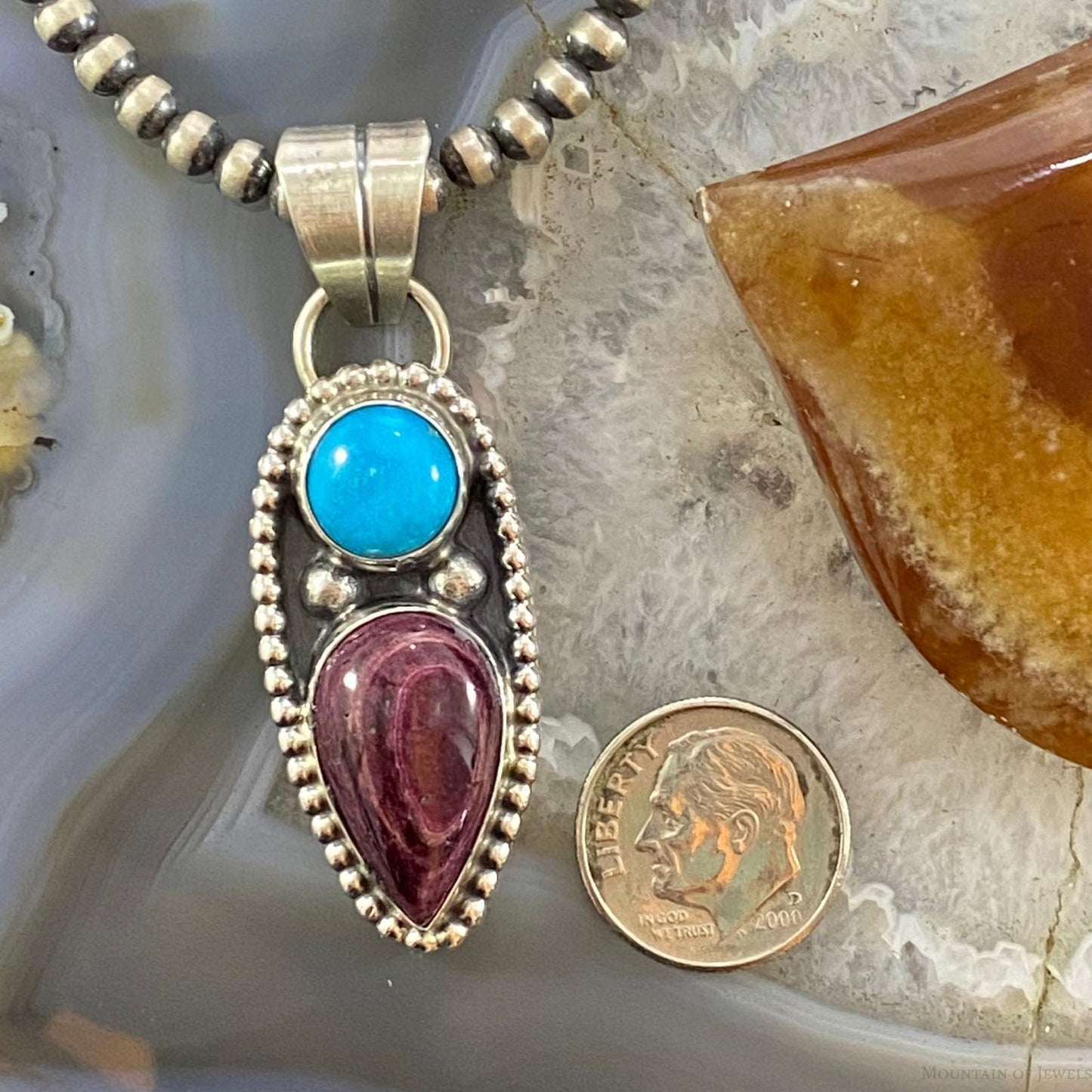 Native American Sterling Sleeping Beauty Turquoise/Purple Spiny Oyster Pendant - Mountain of Jewels