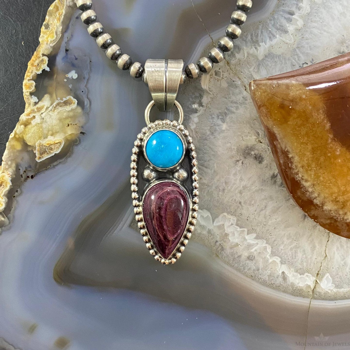 Native American Sterling Sleeping Beauty Turquoise/Purple Spiny Oyster Pendant - Mountain of Jewels