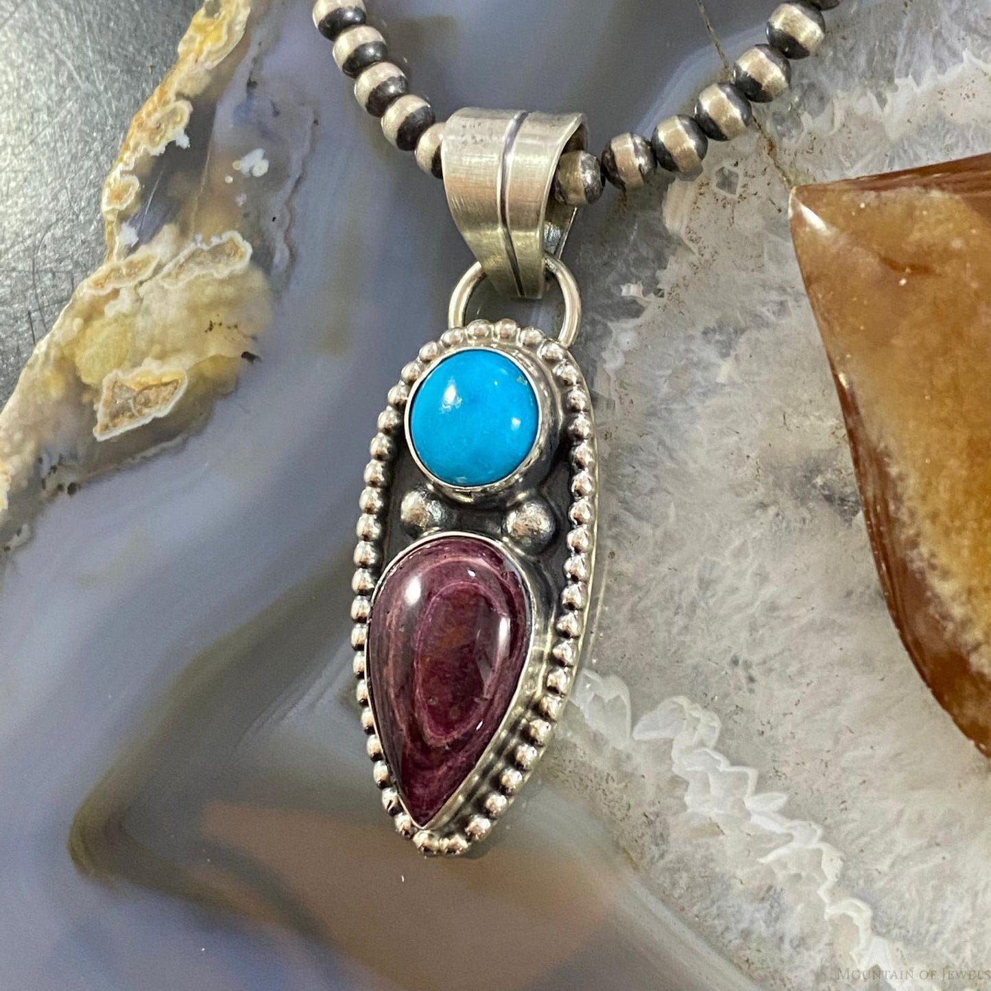 Native American Sterling Sleeping Beauty Turquoise/Purple Spiny Oyster Pendant - Mountain of Jewels
