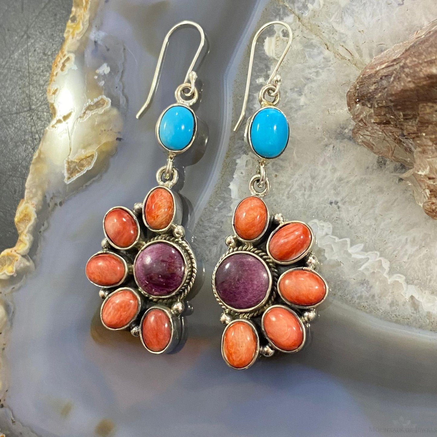 Native American Sterling Turquoise, Purple & Orange Spiny Oyster Dangle Earrings For Women - Mountain of Jewels