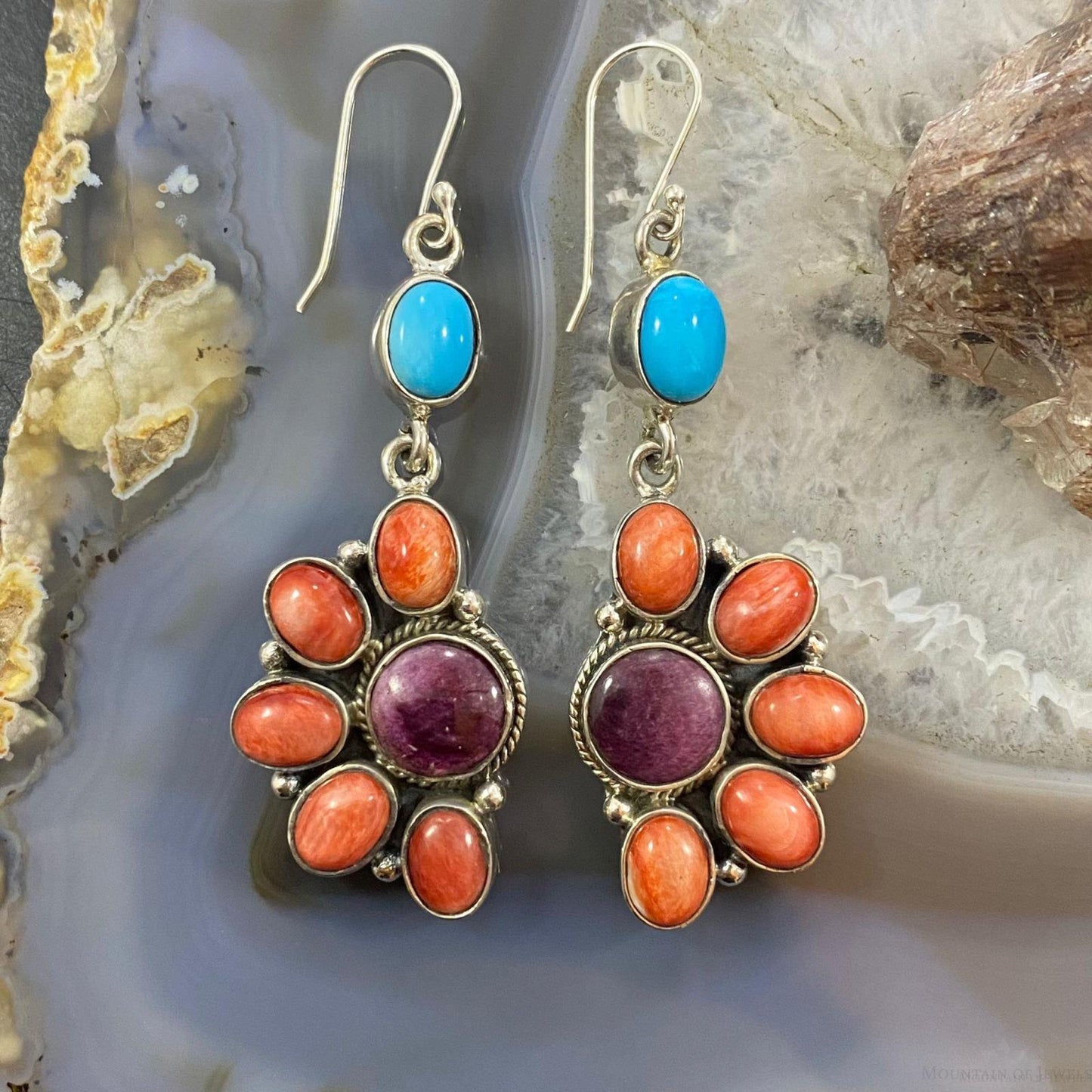 Native American Sterling Turquoise, Purple & Orange Spiny Oyster Dangle Earrings For Women - Mountain of Jewels