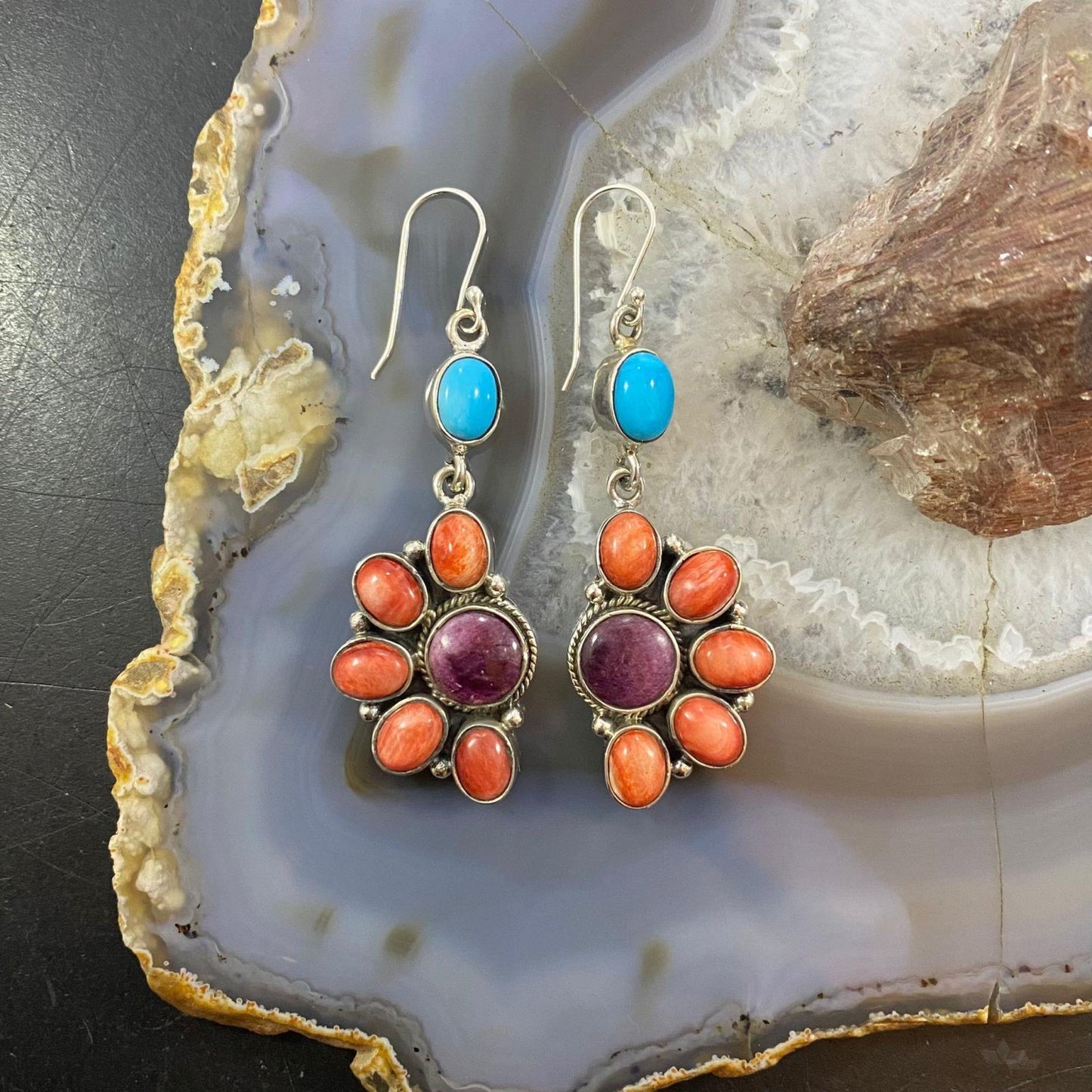 Native American Sterling Turquoise, Purple & Orange Spiny Oyster Dangle Earrings For Women - Mountain of Jewels