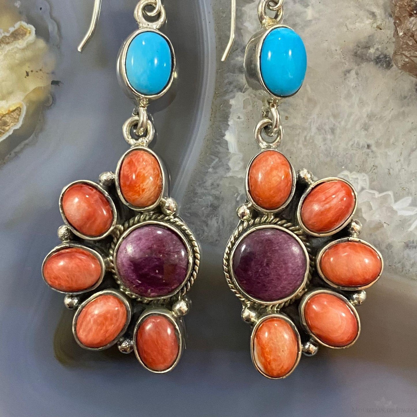 Native American Sterling Turquoise, Purple & Orange Spiny Oyster Dangle Earrings For Women - Mountain of Jewels