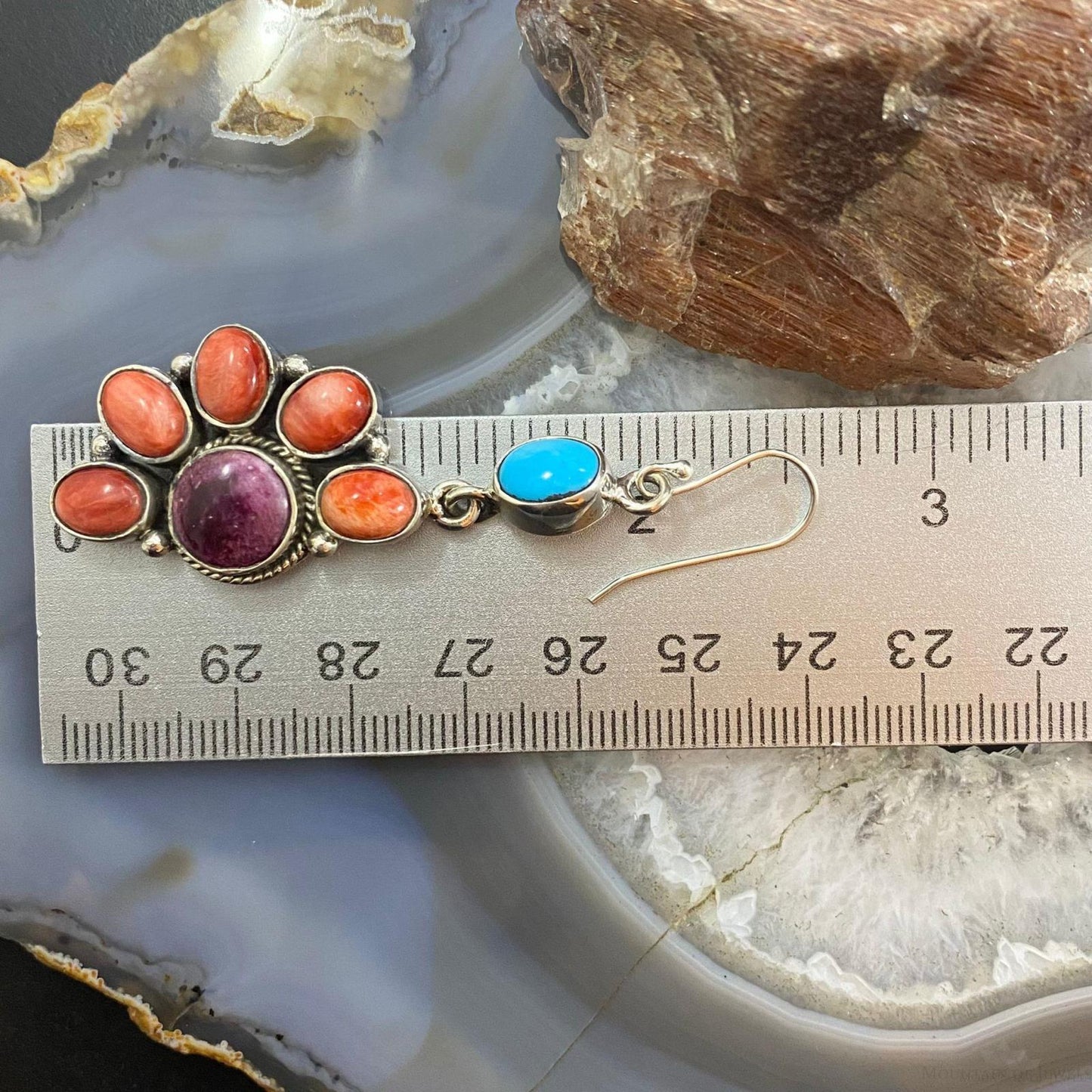 Native American Sterling Turquoise, Purple & Orange Spiny Oyster Dangle Earrings For Women - Mountain of Jewels