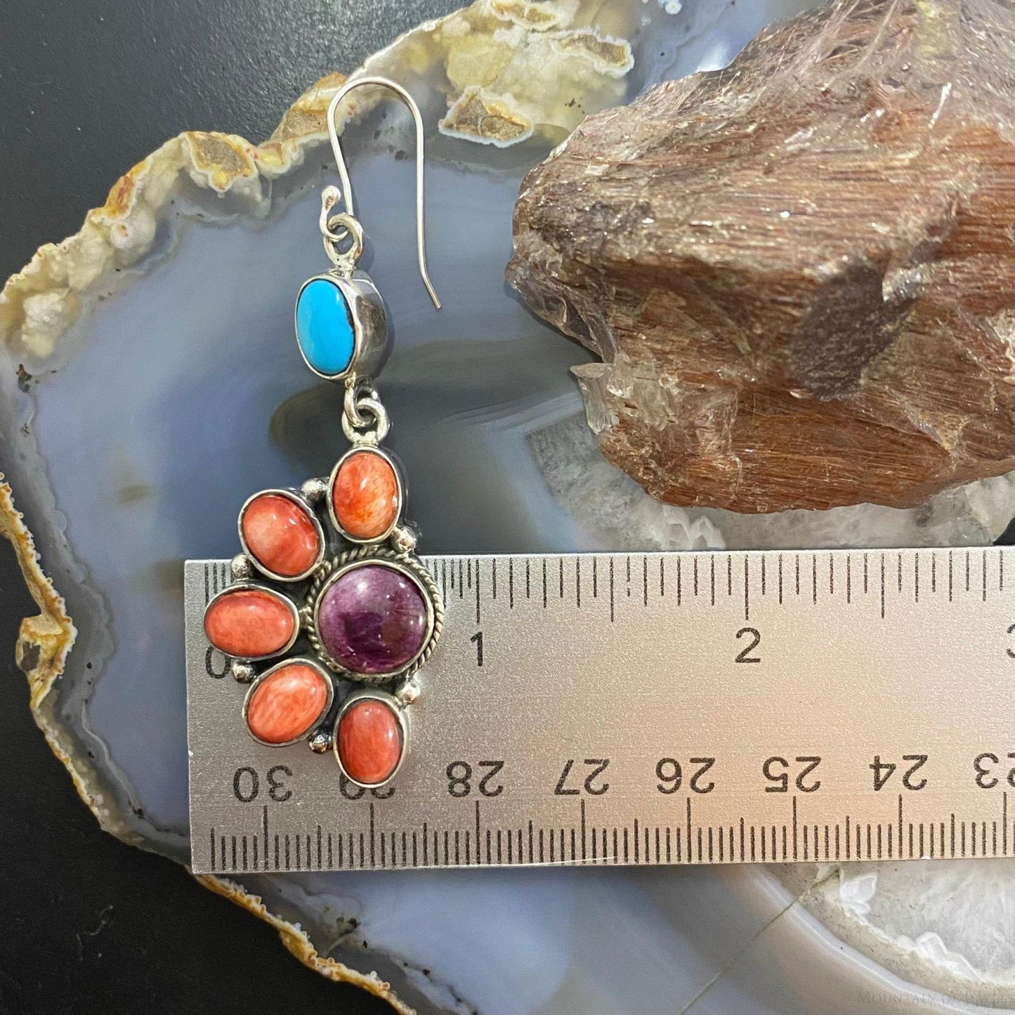 Native American Sterling Turquoise, Purple & Orange Spiny Oyster Dangle Earrings For Women - Mountain of Jewels