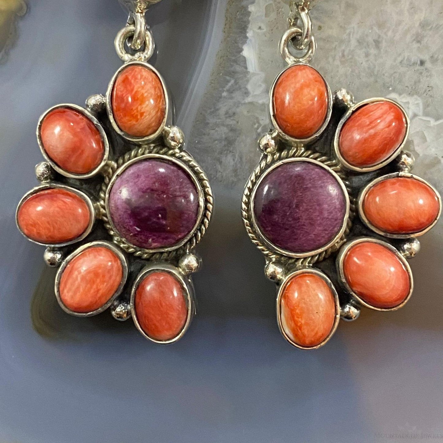 Native American Sterling Turquoise, Purple & Orange Spiny Oyster Dangle Earrings For Women - Mountain of Jewels