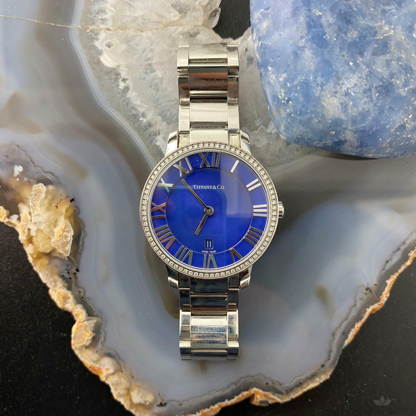 Tiffany & Co Ladies Atlas 2-Hand Blue 31mm Diamond Quartz Steel Watch - Mountain of Jewels
