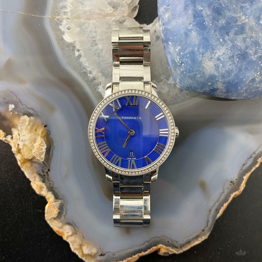 Tiffany & Co Ladies Atlas 2-Hand Blue 31mm Diamond Quartz Steel Watch - Mountain of Jewels