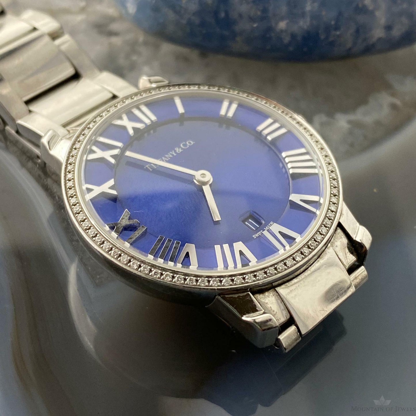 Tiffany & Co Ladies Atlas 2-Hand Blue 31mm Diamond Quartz Steel Watch - Mountain of Jewels