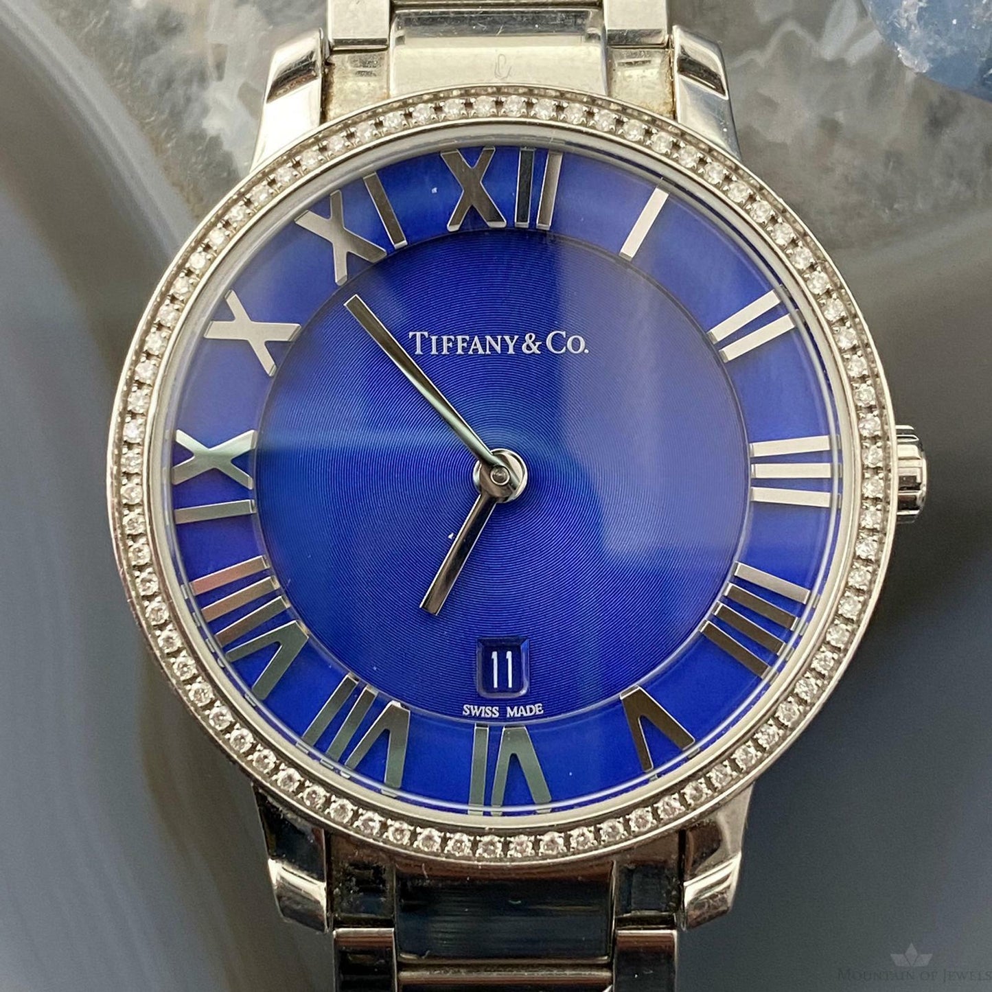 Tiffany & Co Ladies Atlas 2-Hand Blue 31mm Diamond Quartz Steel Watch - Mountain of Jewels