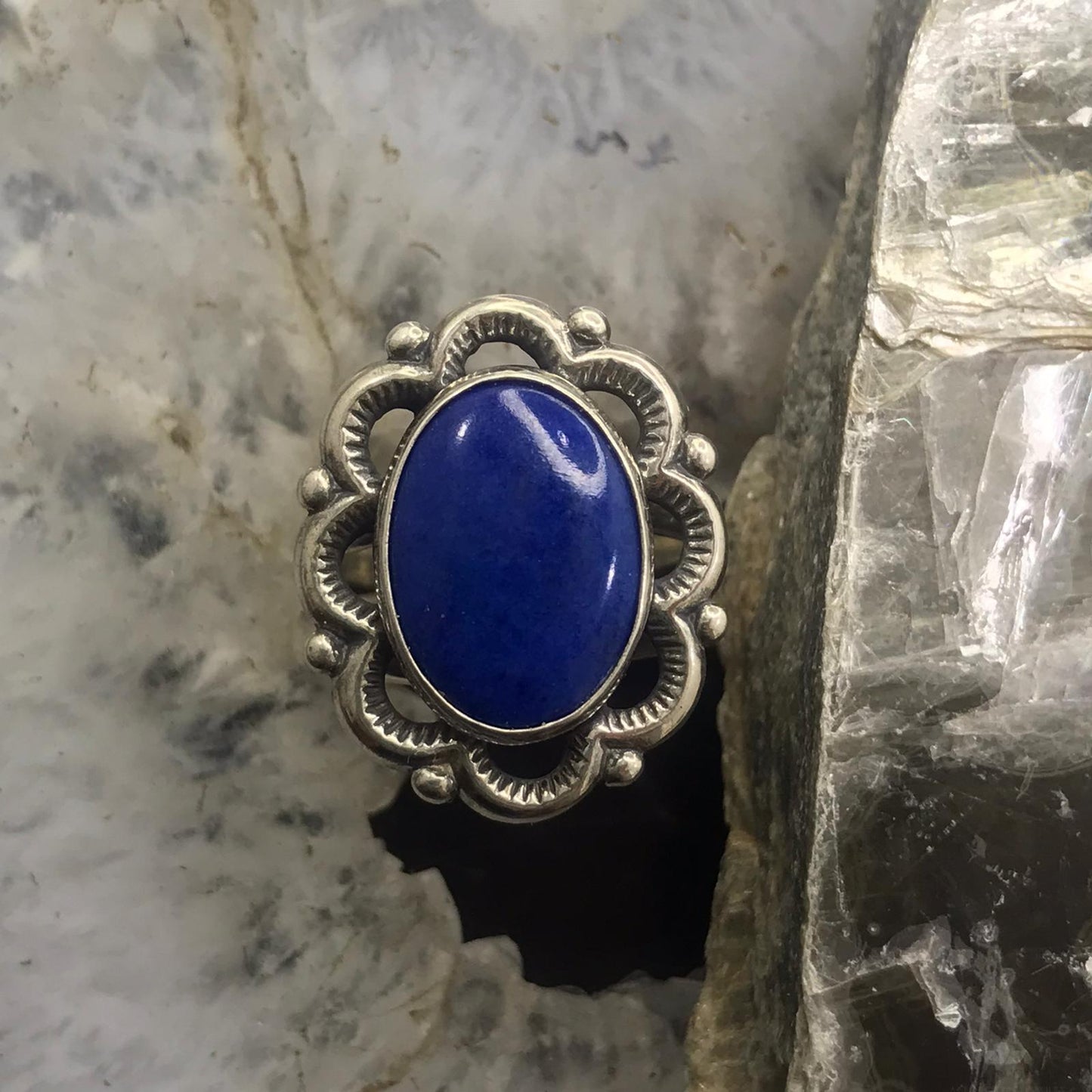 Carolyn Pollack Sterling Silver Oval Lapis Decorated Ring Size 5 For Women