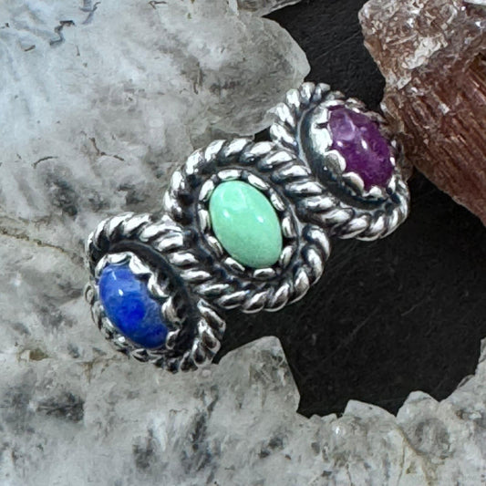 Carolyn Pollack Sterling Silver Oval Lapis, Variscite & Charoite Ring For Women