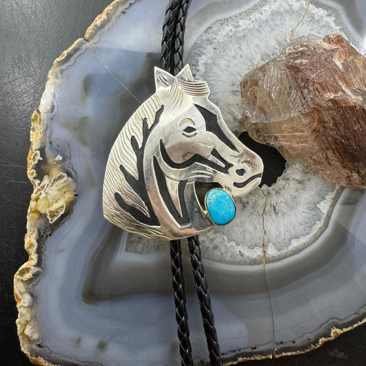 Alonzo Mariano Sterling Silver Overlay Horse w/Turquoise Bolo Tie For Men