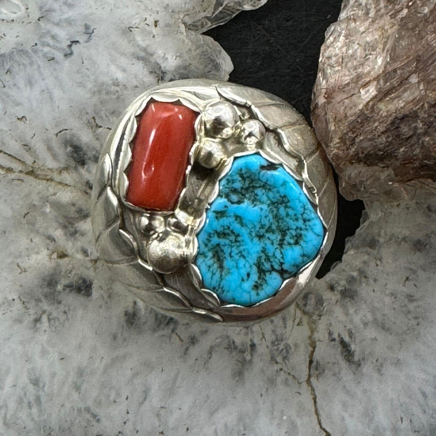 Alvery Smith Sterling Silver Turquoise & Coral Shield Ring Size 10.25 For Men