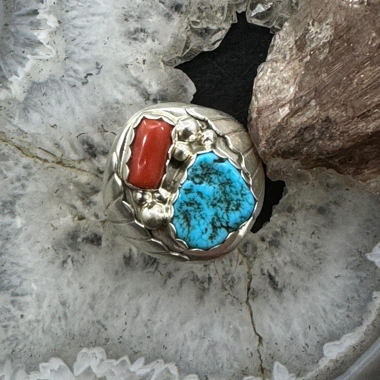 Alvery Smith Sterling Silver Turquoise & Coral Shield Ring Size 10.25 For Men