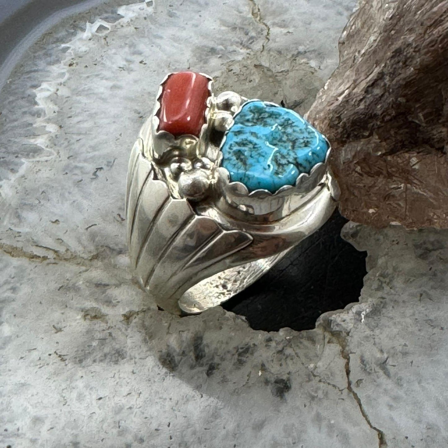 Alvery Smith Sterling Silver Turquoise & Coral Shield Ring Size 10.25 For Men