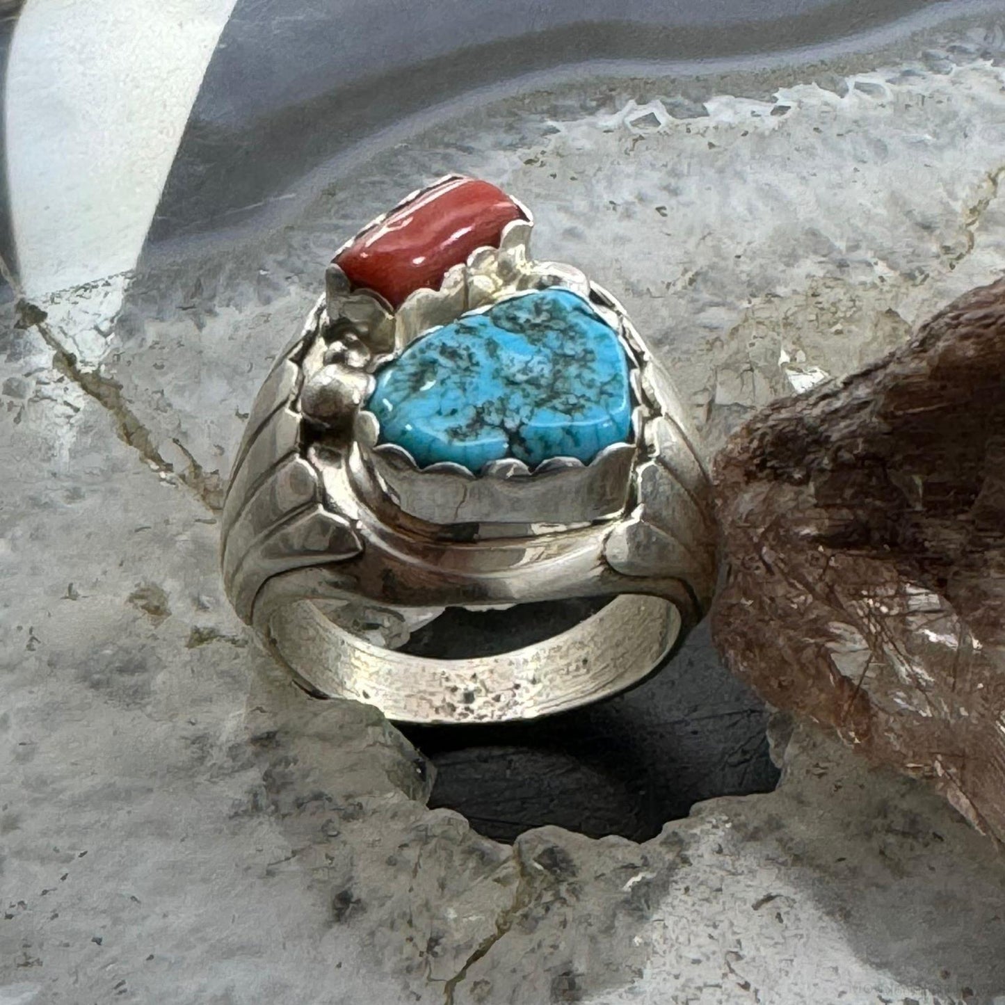 Alvery Smith Sterling Silver Turquoise & Coral Shield Ring Size 10.25 For Men