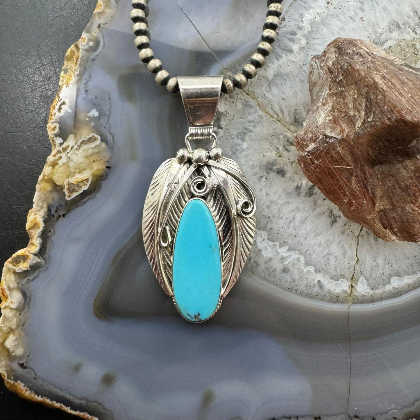 Davey Morgan Sterling Silver Elongate Teardrop Turquoise Leaf Pendant For Women