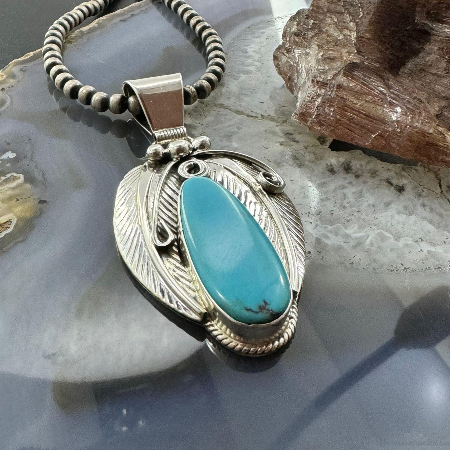 Davey Morgan Sterling Silver Elongate Teardrop Turquoise Leaf Pendant For Women