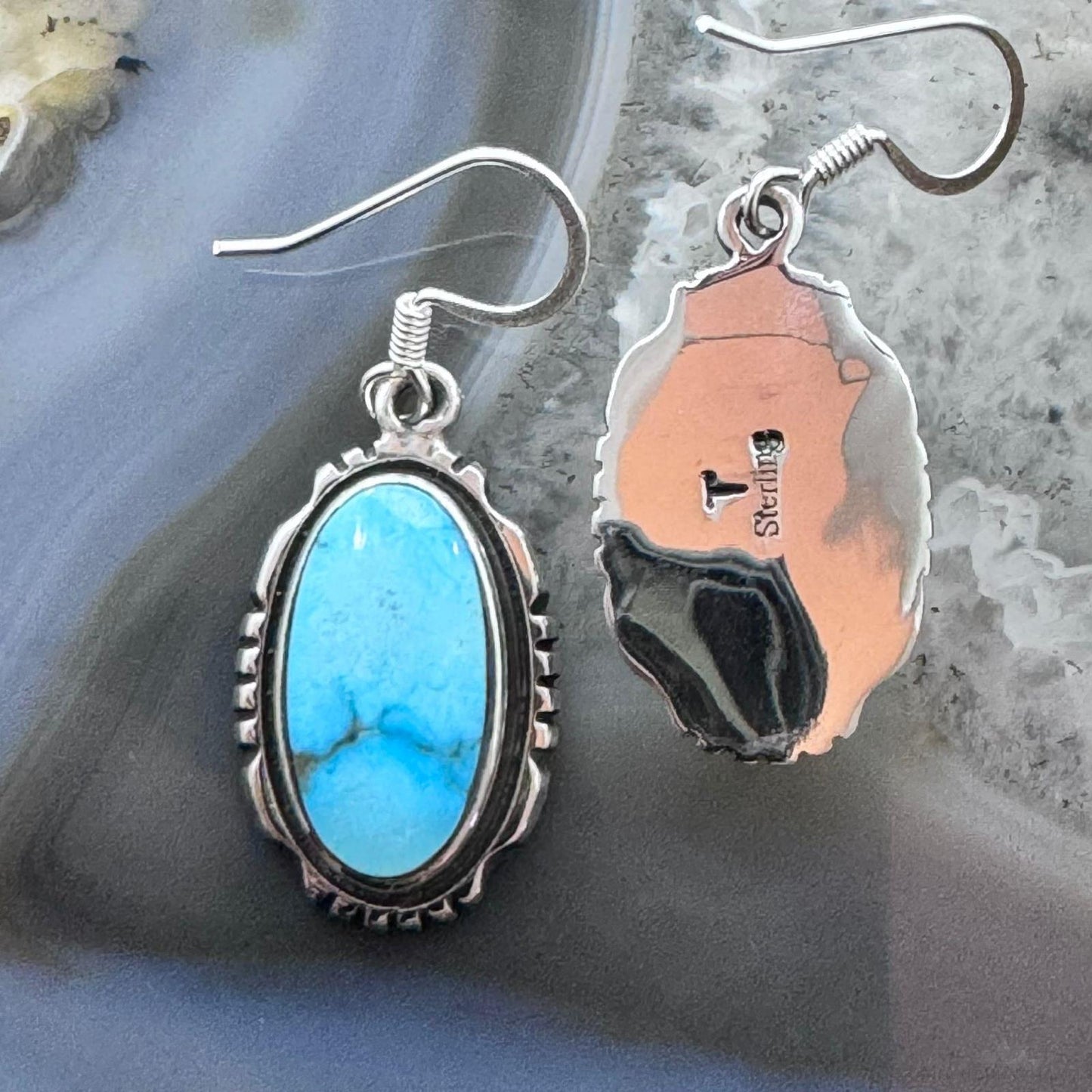 Native American Sterling Silver Oval Blue Ridge Turquoise Dangle Earrings For Women