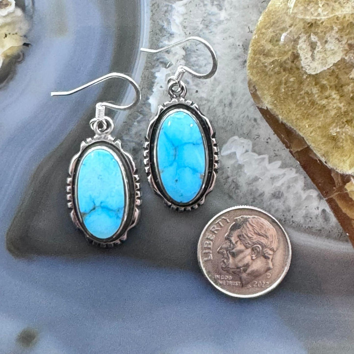 Native American Sterling Silver Oval Blue Ridge Turquoise Dangle Earrings For Women