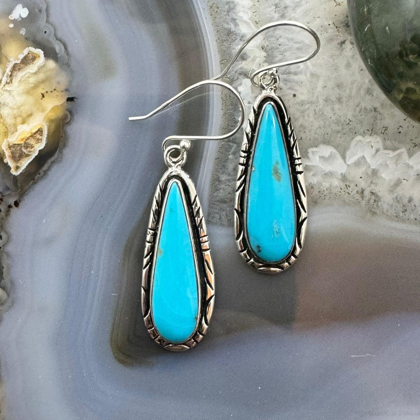 Native American Sterling Silver Teardrop Turquoise Dangle Earrings For Women