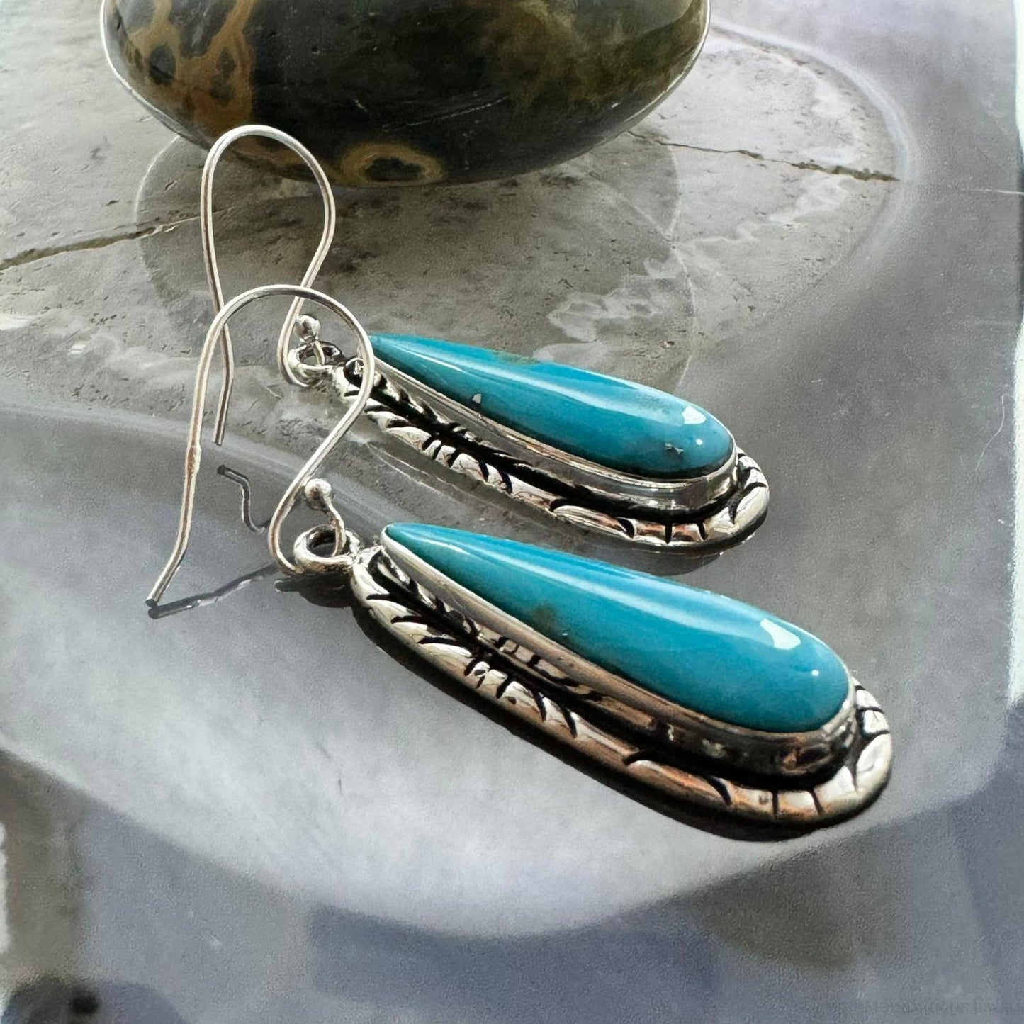 Native American Sterling Silver Teardrop Turquoise Dangle Earrings For Women