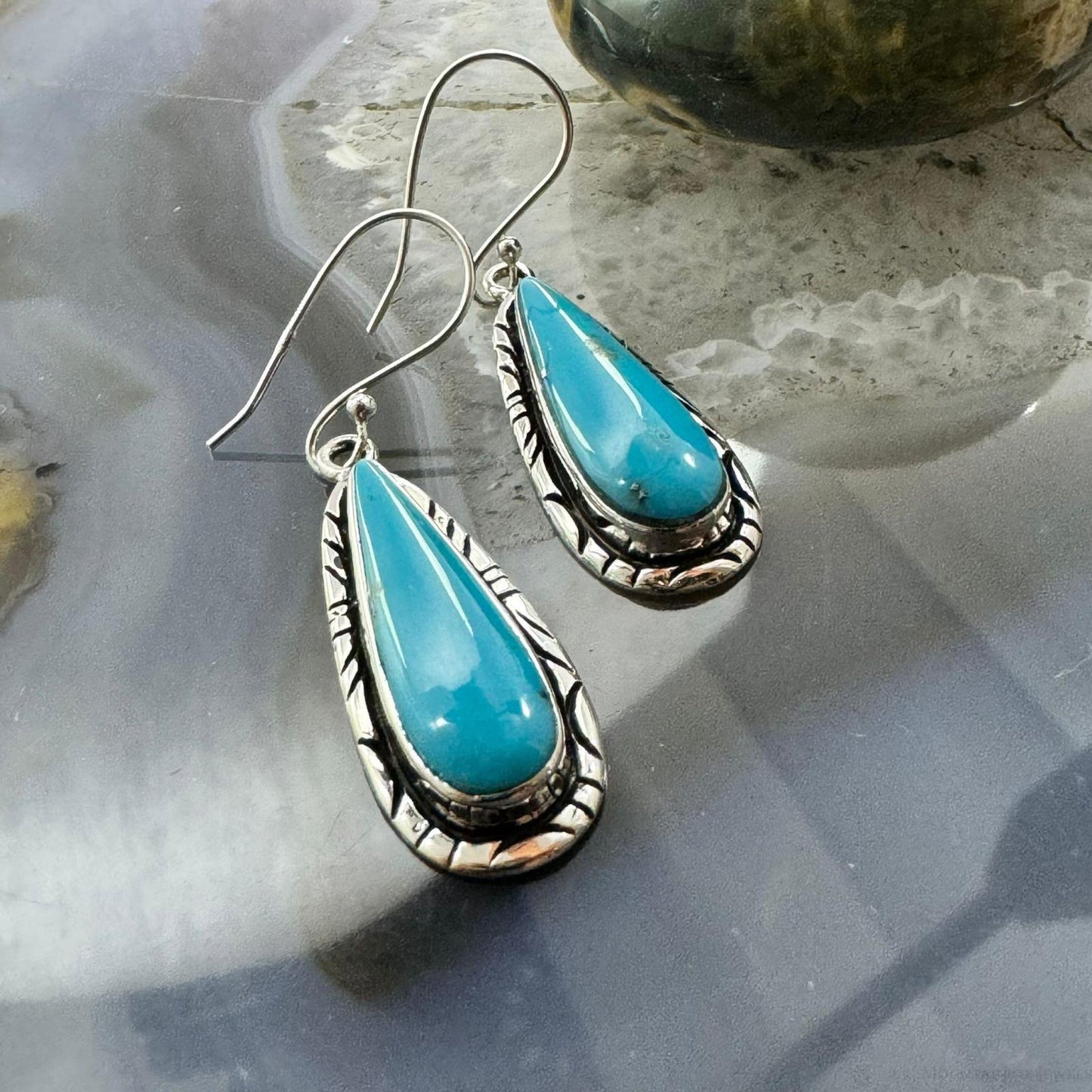 Native American Sterling Silver Teardrop Turquoise Dangle Earrings For Women