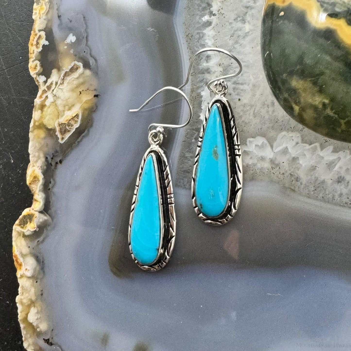 Native American Sterling Silver Teardrop Turquoise Dangle Earrings For Women